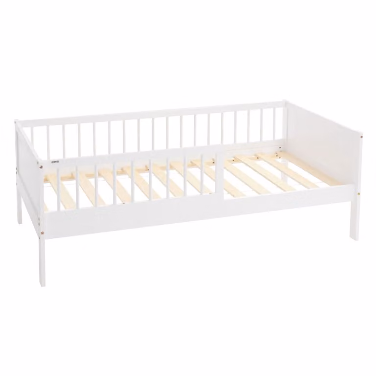 Cama infantil moderna ML-Design en madera de pino y MDF con protección anticaída, color blanco y beige, An/P/Al: 160 x 80 x 14,6 cm