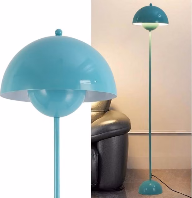 Lámpara de pie moderna ALPINALUZ en color azul turquesa con base de metal y pantalla de domo para salón o dormitorio, casquillo E27, Al 157,5 cm x An 40 cm x P 30 cm