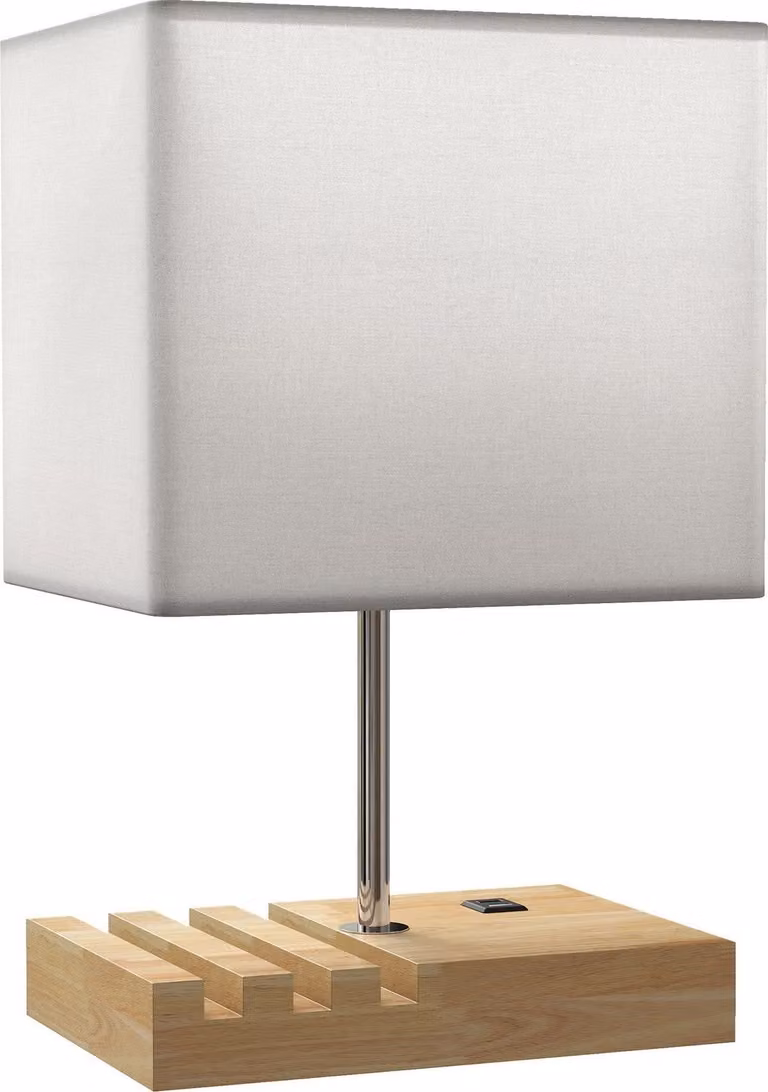 Lámpara de noche Northio con puertos USB, diseño moderno en madera, metal y tela, color blanco