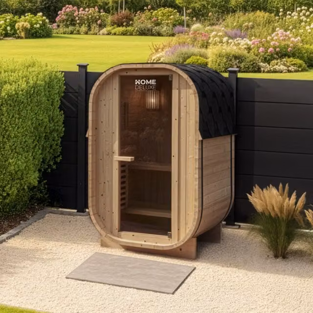 Sauna de exterior Home Deluxe CUBE S finlandesa de madera color marrón para 2 personas An/P: 194 x 120 cm