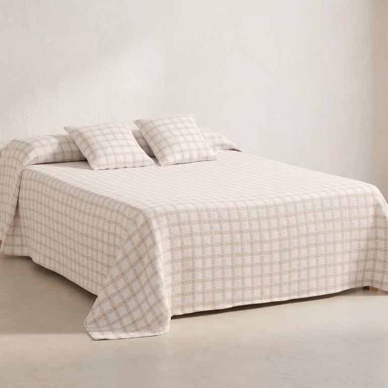 Colcha de algodón GAMUSI con diseño de cuadros jacquard en color marfil para cama de 90 cm, An/P: 180 x 270 cm
