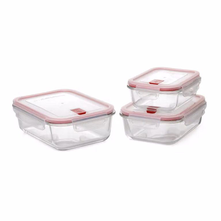 Juego de 3 recipientes herméticos Cook & Eat Tatay de vidrio en color rojo y transparente con capacidades de 1,5 l, 1,1 l y 0,64 l