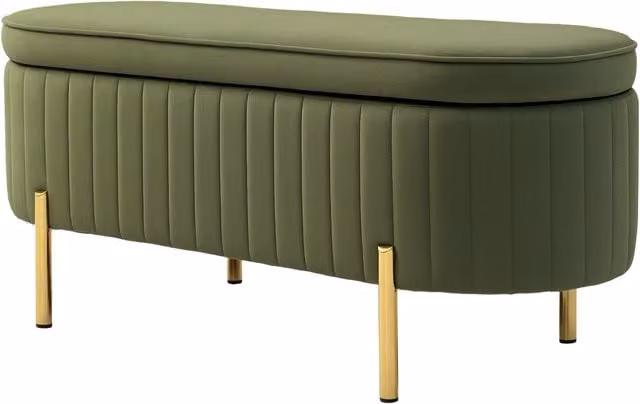 Banco de almacenamiento NORTHIX tapizado en terciopelo verde con patas doradas de metal