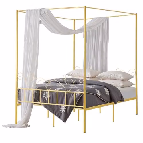Marco de cama con dosel VEVOR tamaño Queen, estructura de metal de 4 postes con cabecero minimalista y soporte de láminas de acero, color dorado, 150 x 200 cm