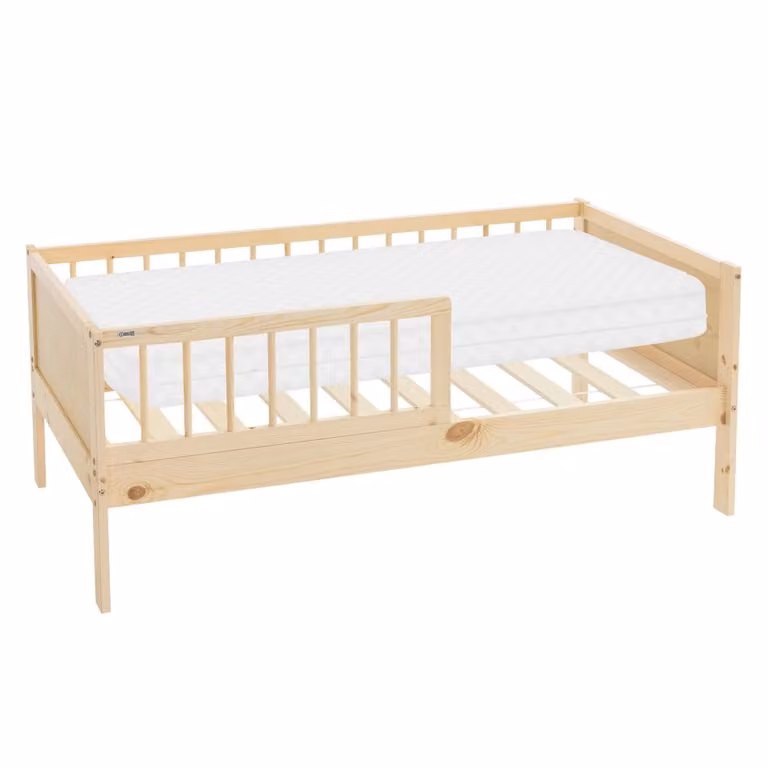 Cama infantil ML-Design de madera de pino con colchón de espuma y protección lateral en color blanco y beige, An/P/Al: 140 x 70 x 70 cm