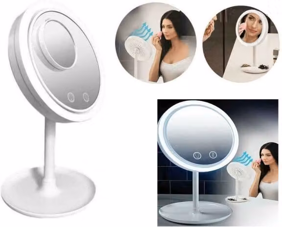 Espejo de maquillaje con luz LED y ventilador Trade Shop Traesio, redondo y con aumento 1x/5x en color blanco