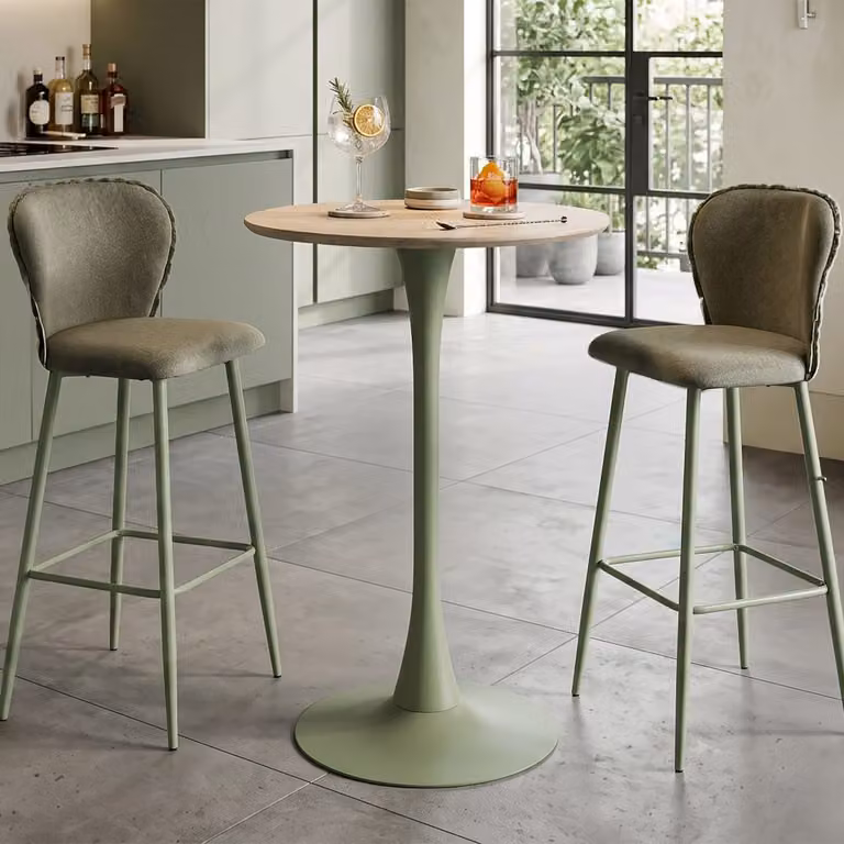 Mesa de bar moderna Mauro Ferretti de madera y metal en color verde y beige, forma redonda, Diámetro: 60 cm, Altura: 106 cm