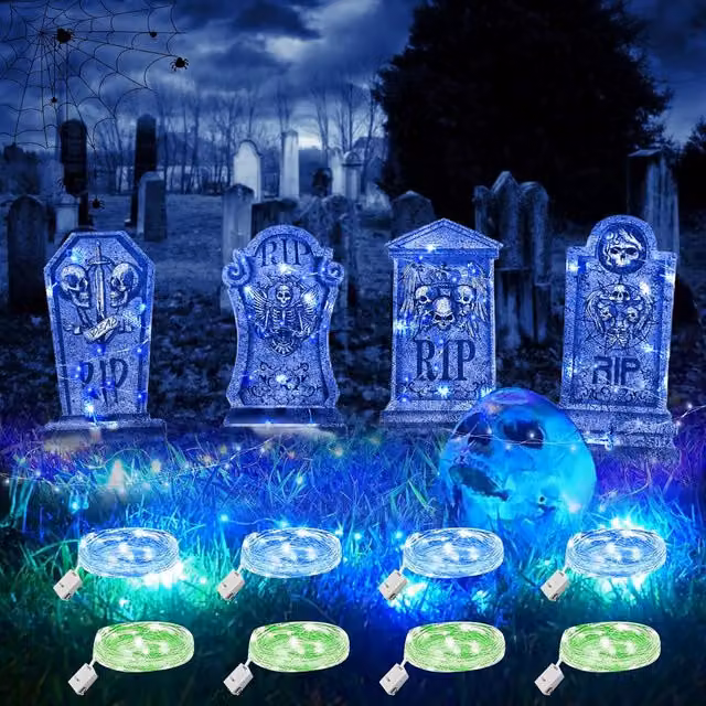 Set de 4 lápidas decorativas Neptune para Halloween en colores multicolor, negro y azul