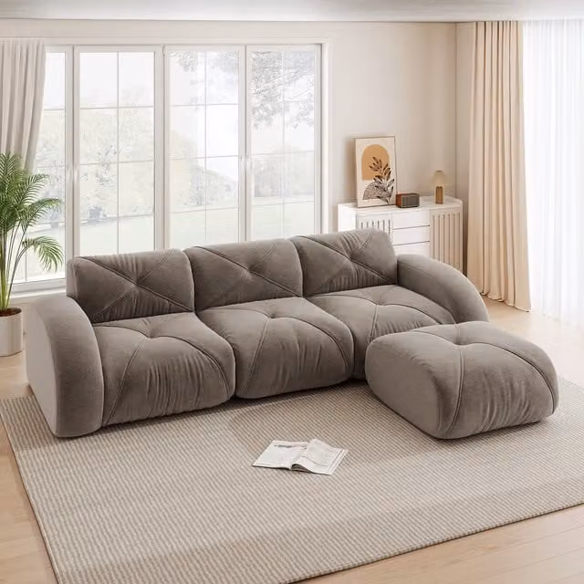 Sofá Modular Kellany en Forma de L con Reposapiés, Tapizado en Chenille Marrón para Salón
