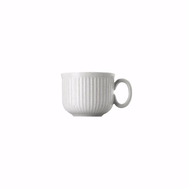 Taza de espresso Thomas Clay en cerámica blanca y gris con base de madera