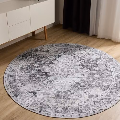 Alfombra redonda Benuta Basic George color antracita de 120 cm, lavable y de estilo vintage en fibra sintética para salón, comedor o dormitorio