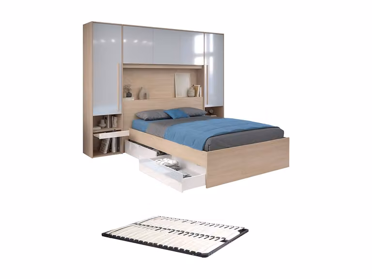 Cama moderna VELONA con almacenamiento, luces LED bajo la cama, estantes de lectura y cajones, color blanco y multicolor, An/P/Al: 140 x 190 x 103 cm