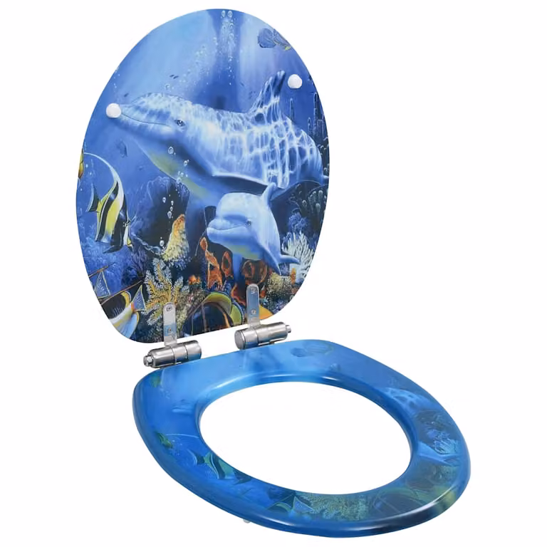Set de 2 asientos de inodoro con tapa de cierre suave vidaXL con diseño de delfines en MDF y acabado multicolor