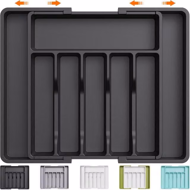 Organizador de cubiertos extensible XISRENS para cajones de cocina, bandeja de plástico ajustable en color negro