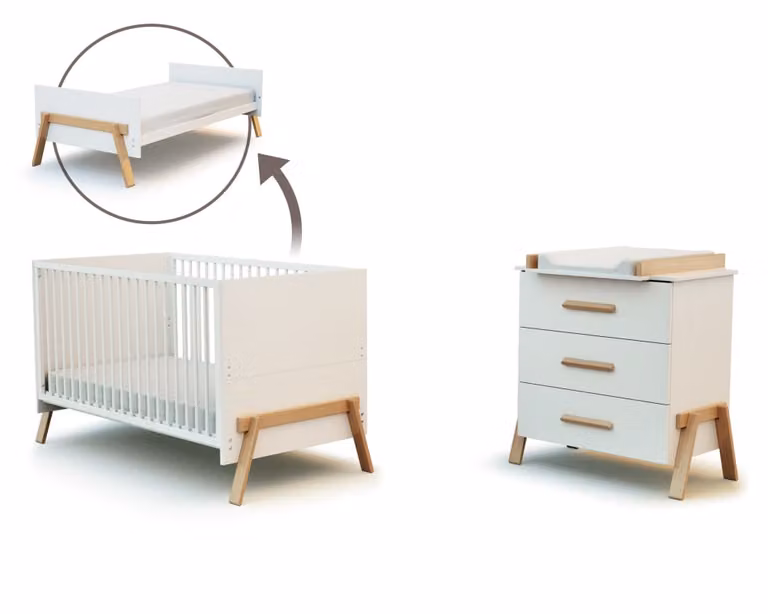Conjunto de cama para bebés y cómoda de tres cajones AT4 en color blanco y estilo escandinavo con madera de haya, An/P/Al: 155.5 x 70 x 79 cm