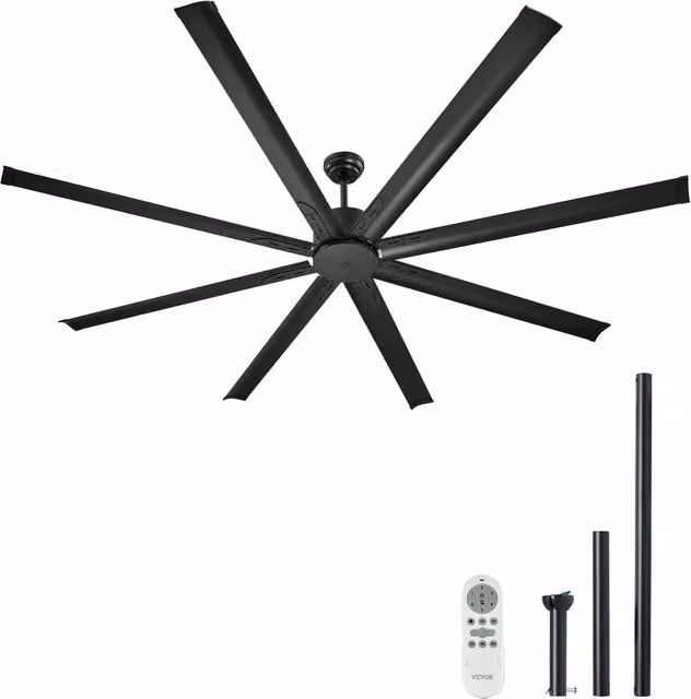 Ventilador de techo VEVOR de 214 cm con 8 aspas de aluminio, motor CC reversible, control remoto y 6 velocidades, color negro