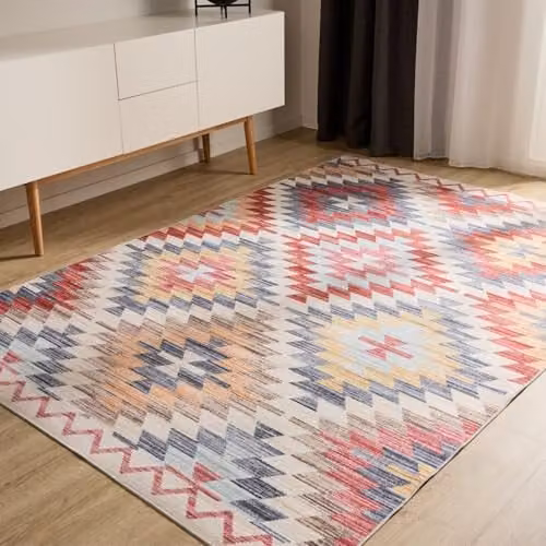 Alfombra Benuta Basic George Multicolor y Beige, diseño vintage abstracto de fibra sintética lavable, An/P: 140 x 200 cm