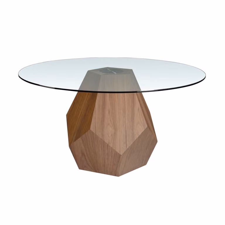Mesa de comedor redonda Angel Cerdá con cristal templado y nogal, Diámetro: 150 cm, Altura: 75 cm
