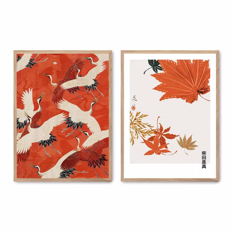 Set de 2 pósteres de ilustración floral y otoño de Poster Lab con marco de madera de roble multicolor, An/Al: 30 x 40 cm