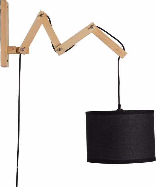 Aplique de pared extensible ALPINALUZ de madera con pantalla de tela negra zigzag para lectura o luz de noche
