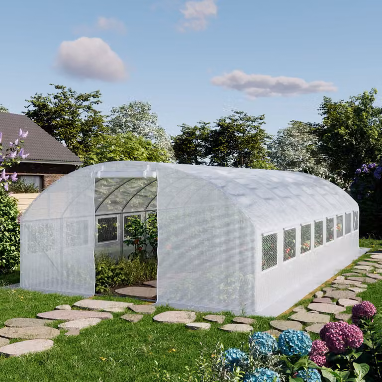 Invernadero túnel para jardín Toolport con ventanas y lona de PE blanca transparente de 4x8m
