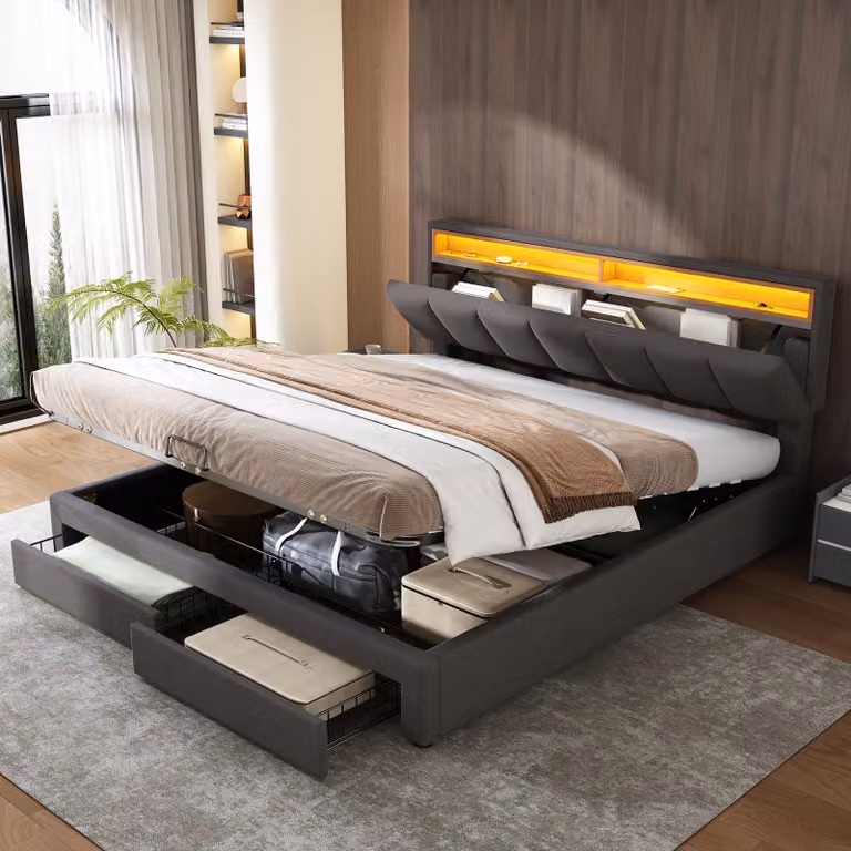 Cama tapizada STILVORA con sistema hidráulico, almacenamiento y luz LED, color gris, incluye colchón, 180 x 200 cm