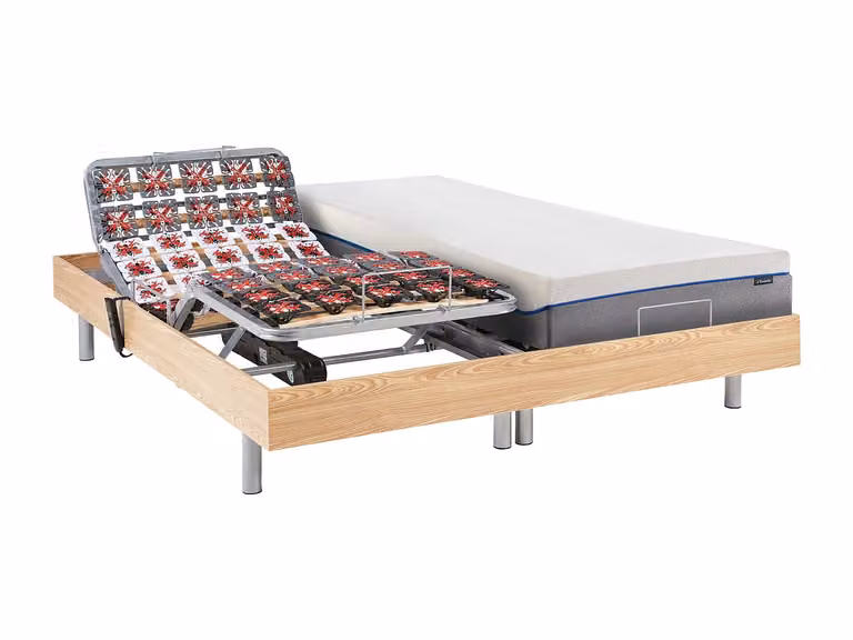 Cama eléctrica de relax HESIODE III de YSMÉE con somier de láminas, colchón viscoelástico y mando inalámbrico, color roble, An/P/Al: 90 x 200 x 35 cm (2 unidades)