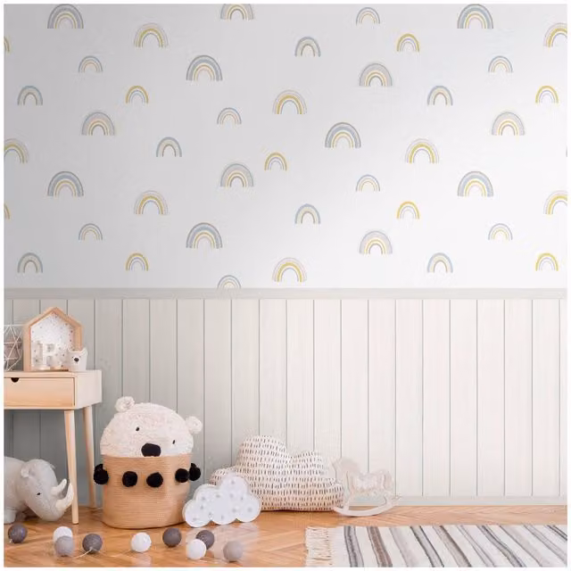 Fotomural de papel pintado vinílico Profhome 398171 con dibujo infantil abstracto mate en colores blanco, beige, gris y amarillo pastel, An: 1,59 m, Al: 2,8 m