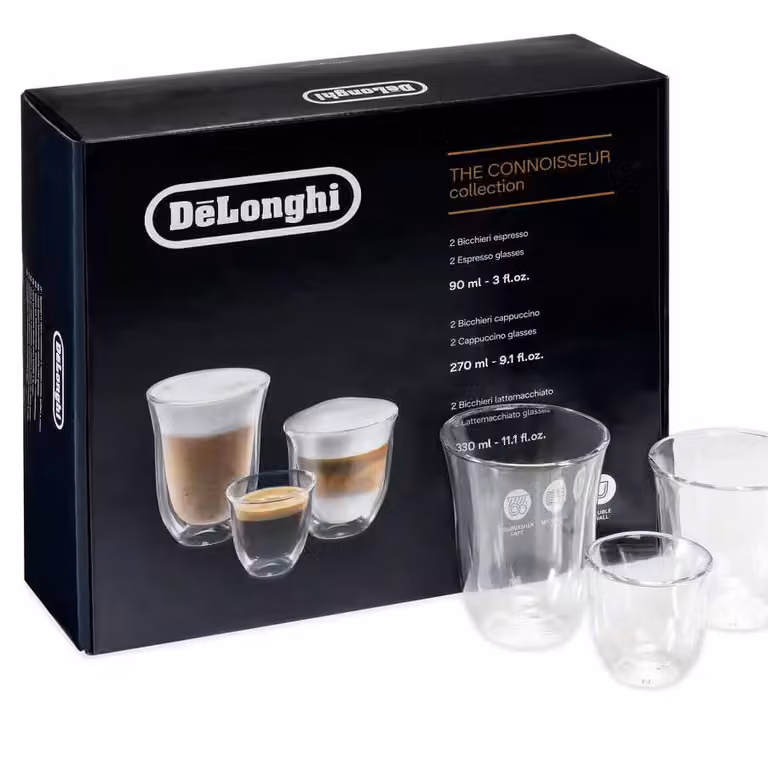 Juego de 6 vasos de doble pared De'Longhi La colección Connoisseur para espresso, cappuccino y lattemacchiato, transparentes