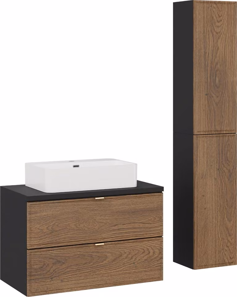 Mueble de baño moderno DMK en madera de roble con acabado mate y colores marrón y negro, An/P/Al: 80 x 50 x 50 cm