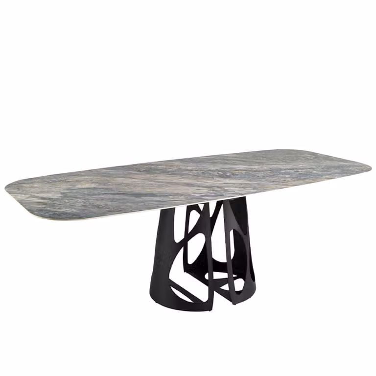 Mesa de comedor ovalada Angel Cerdá con mármol porcelánico y base de barril en varios colores An/P/Al: 238 x 110 x 76 cm