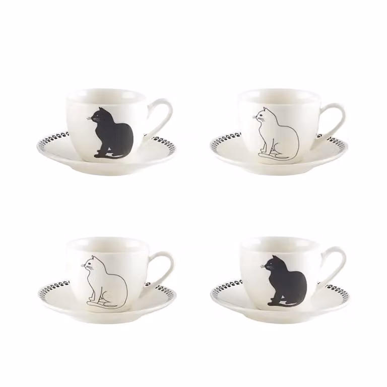 Set de 4 tazas de café con platos de cerámica Aulica con diseño de gato en blanco y negro