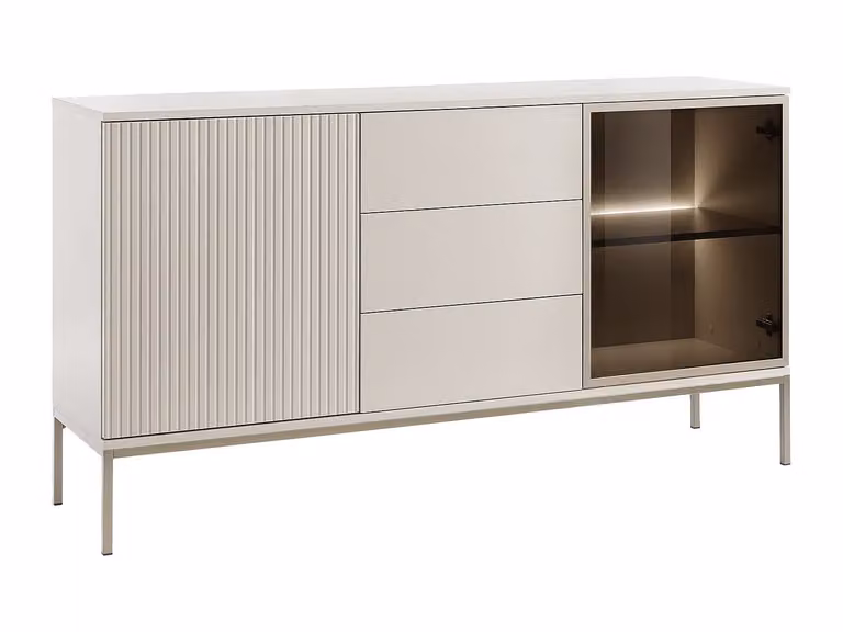 Aparador moderno Ovila con 2 puertas, 3 cajones, iluminación LED integrada y cristal ahumado en colores beige y negro