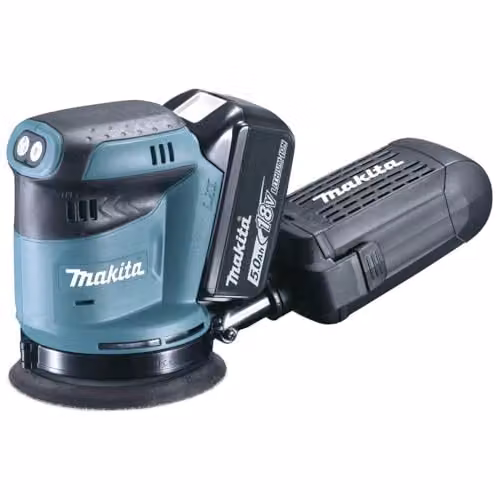Lijadora rotorbitale Makita DBO180RTJ de 18 V en color azul con 2 baterías de 5,0 Ah, cargador DC18RC y maletín Makpac 2, diámetro de 125 mm
