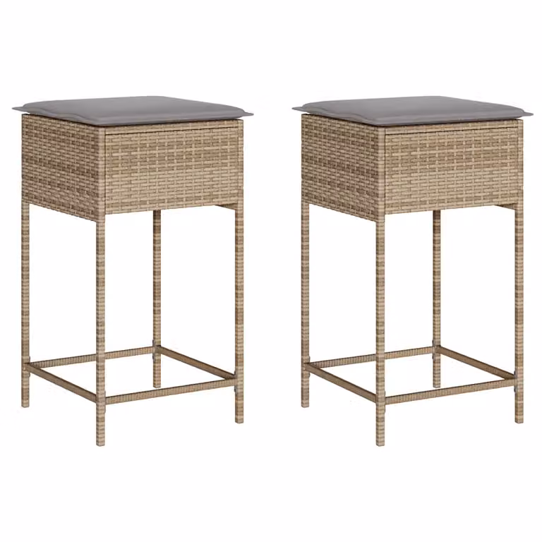 Set de 2 taburetes Syfax de ratán sintético con cojines beige para jardín o cocina
