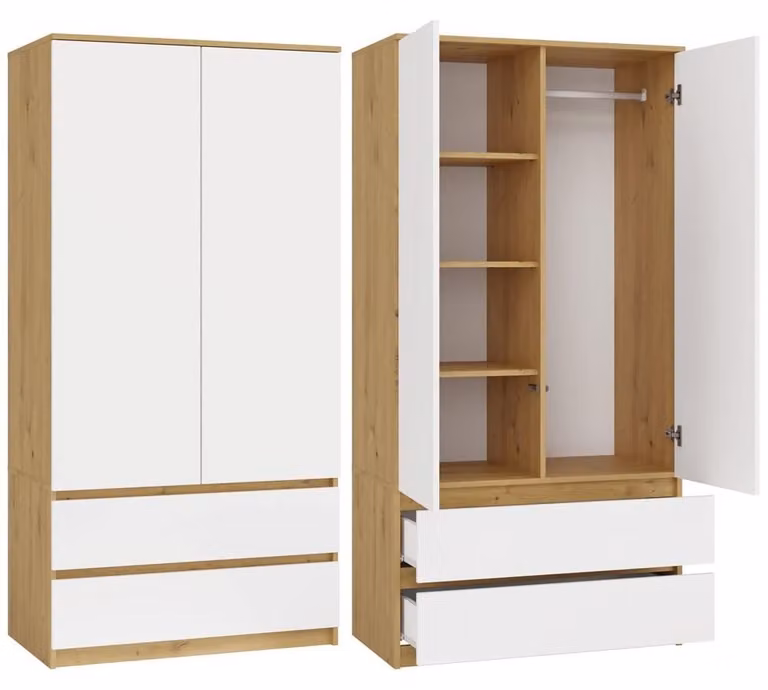 Armario MALWA de dormitorio con puertas batientes y cajones, acabado roble y blanco, An/P/Al: 90 x 50 x 180 cm