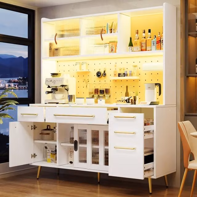 Aparador alto de cocina y salón MODENVIE con iluminación integrada, puertas correderas y estantes internos, blanco, An/P/Al: 145 x 39 x 171 cm
