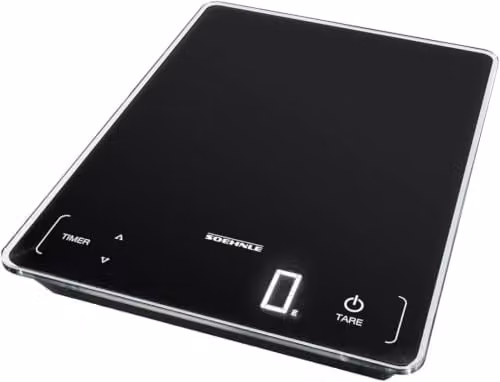 Báscula de cocina digital Soehnle con superficie de cristal transparente y detalles en negro, capacidad de 15 kg