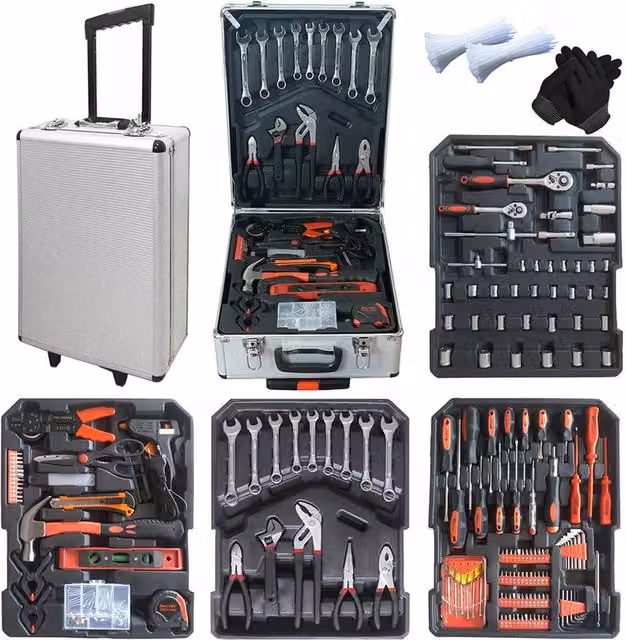Maletín de herramientas HOBAG de 815 piezas en aluminio color plata y negro con destornilladores, martillos, cuchillo y cinta métrica