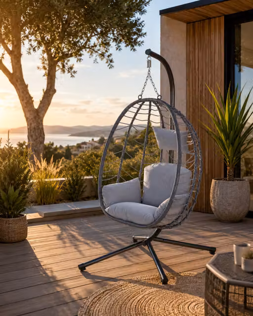 Sillón colgante Lima de Concept Usine con efecto ratán gris y cojines incluidos