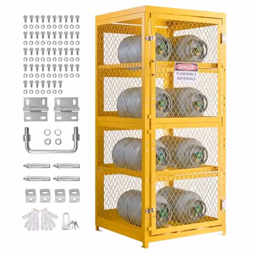 Gabinete de almacenamiento VEVOR para cilindros de propano horizontales, armario metálico de 4 niveles con capacidad para 8 cilindros, color amarillo, An/P/Al: 76.2 x 76.2 x 178.5 cm