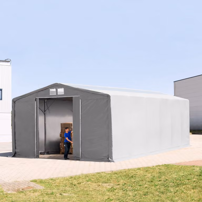 Carpa industrial TOOLPORT de 8 x 12 m con altura lateral de 4,0 m, entrada corredera, claraboyas y ventanas, color gris
