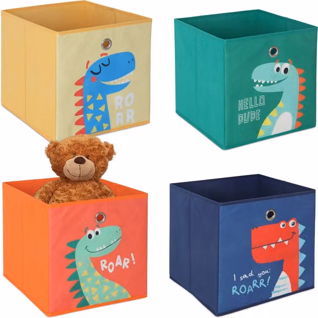 Set de 4 cajas plegables infantiles de tela con motivos de dinosaurios de relaxdays, multicolor, An/P/Al: 30 x 30 x 30 cm