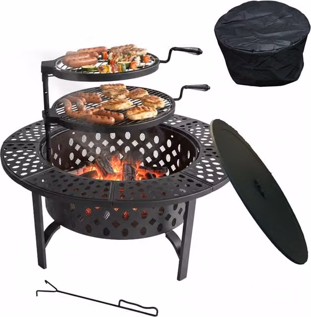 Brasero de jardín Relaxdays en acero negro con tapa, funda y accesorios, Ø 92 cm