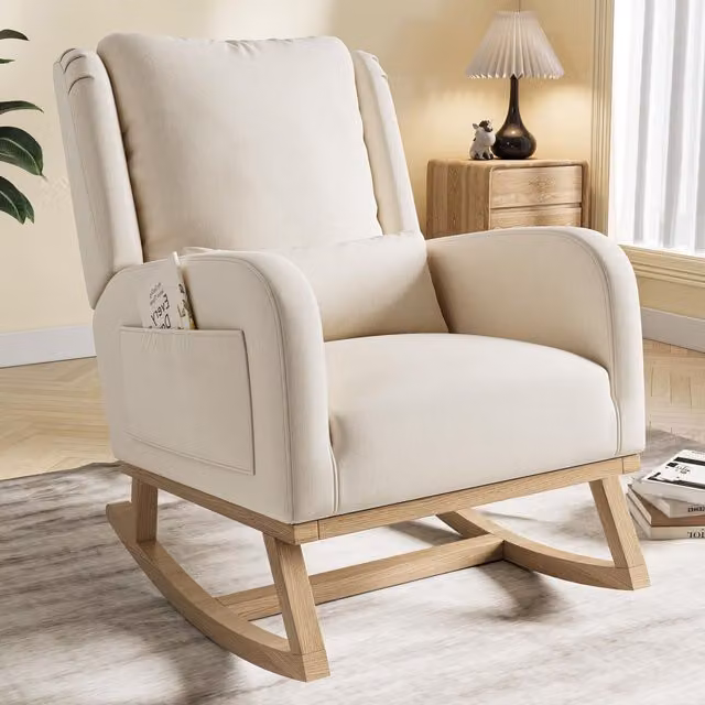 Mecedora SOLKVUNZA moderna de lino beige con respaldo acolchado y estructura de madera sólida, An/P/Al: 52 x 52 x 96 cm