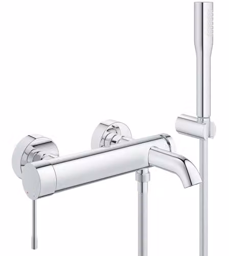 Juego de grifo de ducha monomando Grohe Essence con alcachofa, montaje en pared, acabado cromado y ahorro de agua