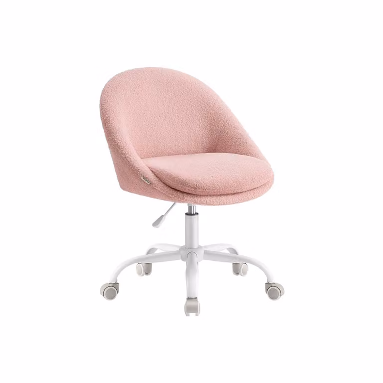 Silla de oficina giratoria SONGMICS para escritorio en casa, diseño moderno sin reposabrazos, altura ajustable, acolchado de felpa, color rosa y blanco