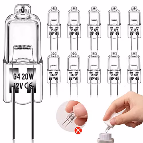 Pack de 10 bombillas halógenas G4 de 20W y 12V con luz blanca cálida de 2800K, regulables y transparentes