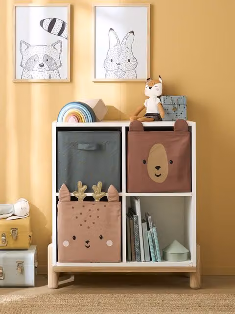 Lote de 3 cajas organizadoras de textil Vertbaudet para niños, color marrón y multicolor, con asas y tejido abierto
