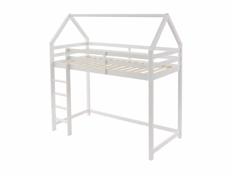 Cama alta tipo cabaña para niños TARZIA de pino macizo en color blanco, An/P/Al: 90 x 190 x 120 cm
